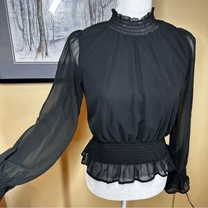 Vintage-Style Black Sheer Smocked Blouse - Whimsigoth Mock Neck Peplum Top Sz S